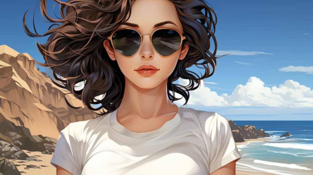 woman at the beach in white t-shirt